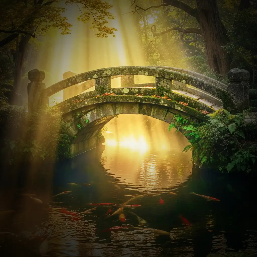 A stone bridge over a stream with Koi fish, bathed in bright, ethereal golden light filtering through the trees.