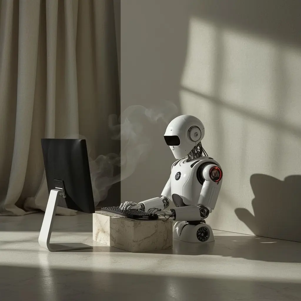 Image of a rudimentary robot working on a computer creating a logo with steam coming out of its head.