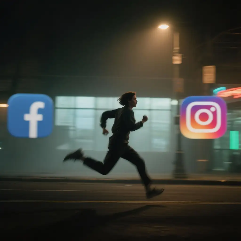 A blurry image of a person running frantically between floating Facebook and Instagram icons at night.
