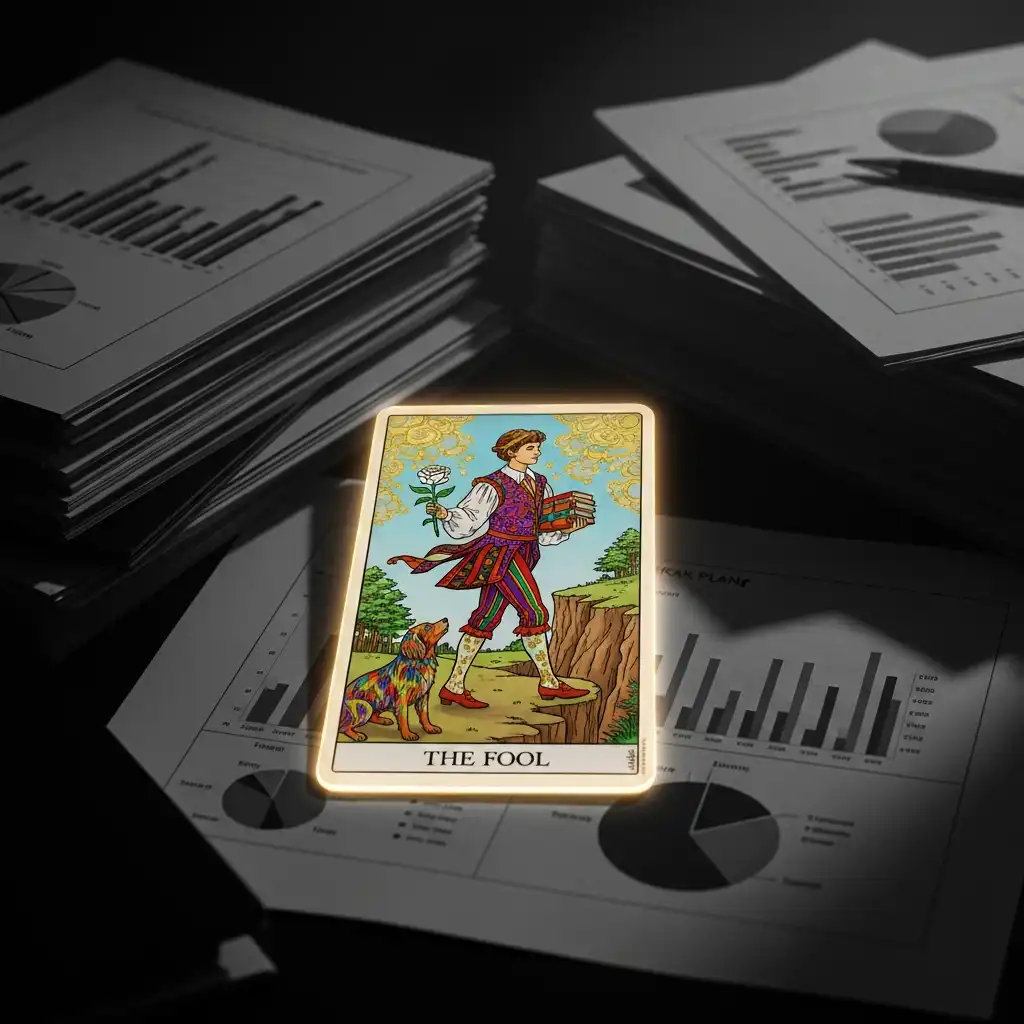 The Tarot card The Fool glowing brightly on a table over stacks of dull, grayscale business charts.