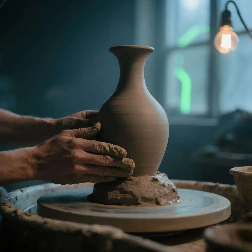 A close-up of hands shaping a piece of clay into a vase on a pottery wheel.