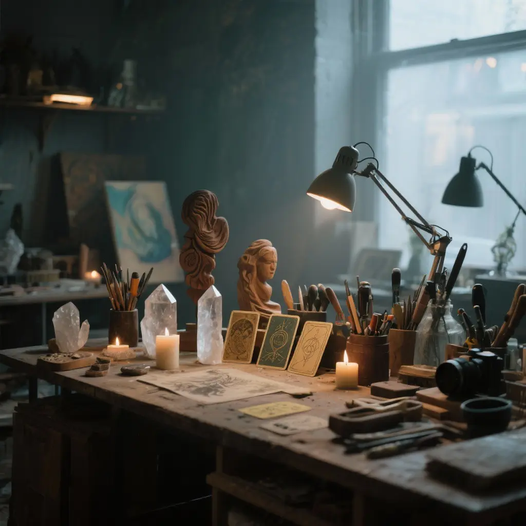 A messy artist's workbench with sculpting tools, crystals, candles, and tarot cards laid out.