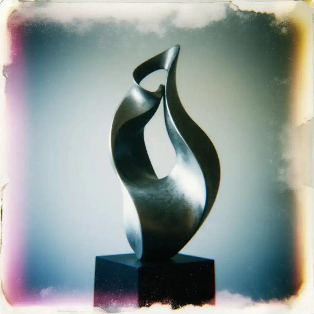 A modern, metallic sculpture with an open, flowing, upward-sweeping form, resembling a ribbon or flame, evenly lit.