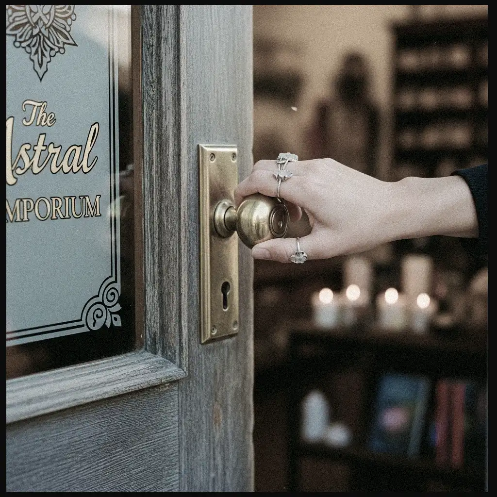Close-up of a hand with mystical rings grasping a brass doorknob on a rustic wooden door. Gold lettering reads 'The Astral Emporium'.