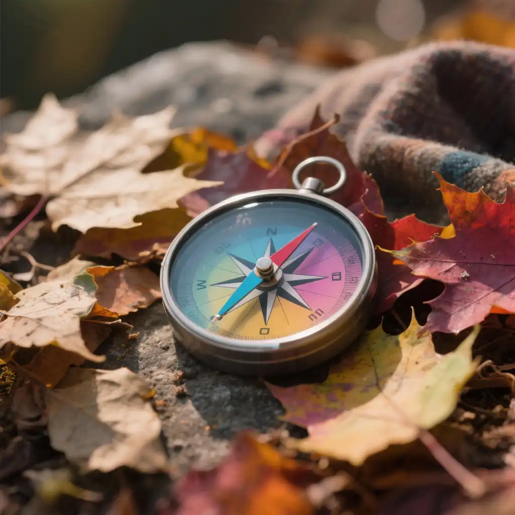 A colorful compass resting on a rock surrounded by red and brown autumn leaves.